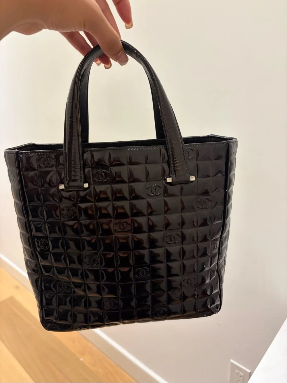 CHANEL Black Quilted Patent Leather Tote Bag